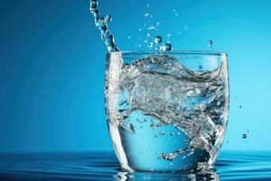 ai generado torrencial agua desde un botella dentro un vaso en un azul antecedentes foto