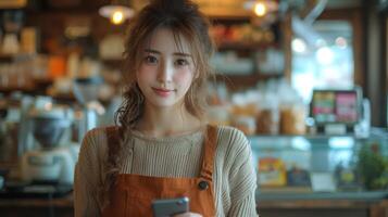 AI generated Young Asian woman barista or cashier uses mobile phone to pay in coffee shop, copy space photo