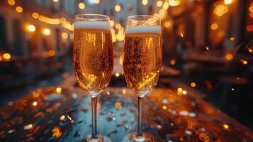 AI generated Glasses of champagne on bright background with bokeh effect photo