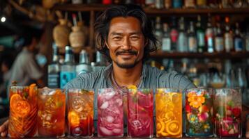 ai generado asiático hombre trabajando en bar preparando vistoso cóctel disparos en bar foto