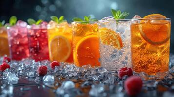 AI generated Various fruit drinks in crushed ice photo