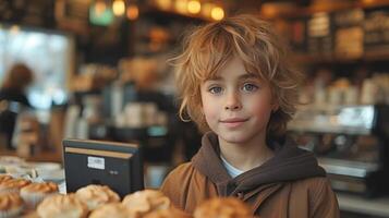 ai generado niño barista en delantal haciendo café estar por el mostrador en un café tienda linda pequeño niños aprender a hacer café o hacer pasatiempo ocupaciones y experiencia capacitación. foto