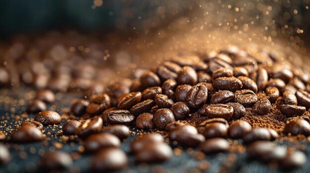 AI generated Coffee beans and black background,copy spec photo