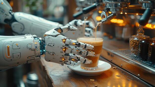 AI generated A robot barista is making coffee at a coffee shop. photo
