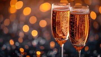 AI generated Glasses of champagne on bright background with bokeh effect photo