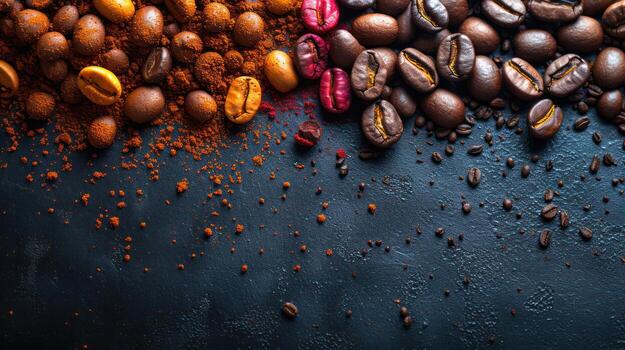 AI generated Coffee beans and black background,copy spec photo