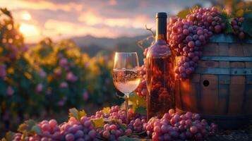 AI generated Bottles and wine glasses with grapes and barrels in countryside scene. Copy image. photo