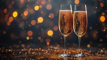 AI generated Glasses of champagne on bright background with bokeh effect photo