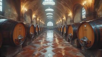 AI generated Cellar with wine barrels in Italy ,copy space photo