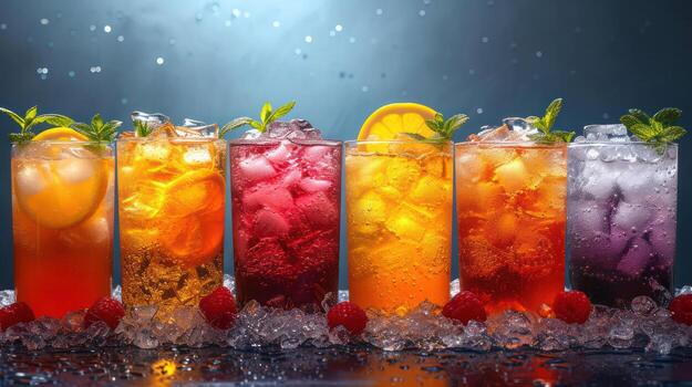AI generated Various fruit drinks in crushed ice photo