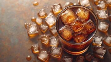 AI generated Top view of iced coffee isolated on background. Top view. View from above. Delicious Iced coffee drink in glass cup with ice cubes Cold drinks For coffee shops, coffee shops. photo