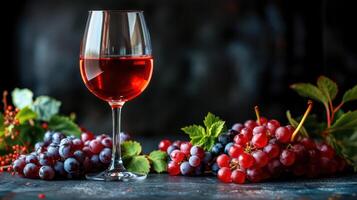 AI generated Red wine on the background, fresh ripe grapes photo