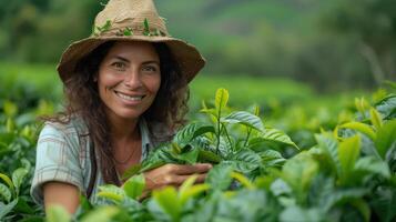 ai generado mujer cosecha té en un orgánico té jardín en Brillo Solar foto