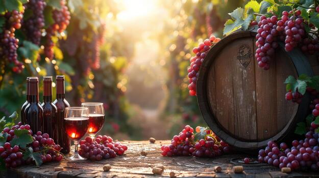 AI generated Bottles and wine glasses with grapes and barrels in countryside scene. Copy image. photo