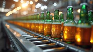 AI generated Green beer bottle, beer juice on production line, factory background photo