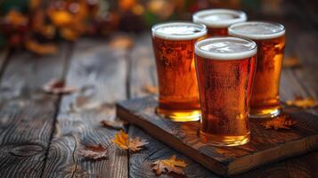 AI generated Several glasses of beer on a wooden floor Text area photo
