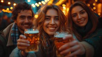 ai generado grupo amigos hablando y tostado en un pub con el cervezas foto