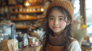 AI generated Child barista in apron making coffee stand by the counter in a coffee shop cute little kids learn to make coffee or do hobby activities and experience training. photo