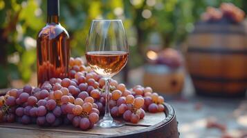 ai generado botellas y vino lentes con uvas y barriles en campo escena. Copiar imagen. foto