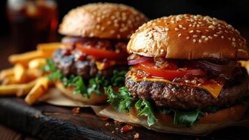 ai generado hamburguesas, francés papas fritas en un negro antecedentes foto