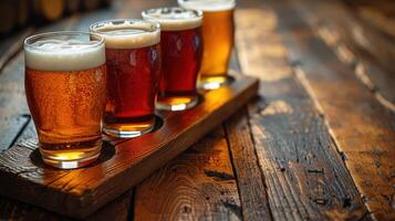 AI generated Several glasses of beer on a wooden floor Text area photo