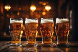 AI generated Beer in a big glass on a wooden table. Oktoberfest festival. photo