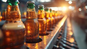 AI generated Green beer bottle, beer juice on production line, factory background photo