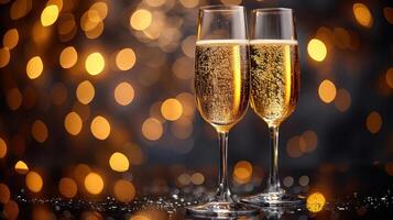 AI generated Luxurious glass with bokeh gold champagne on dark background copy space. photo