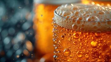 AI generated Pouring beer with foam bubbles in glass for background on front view of waves, drinking alcohol photo