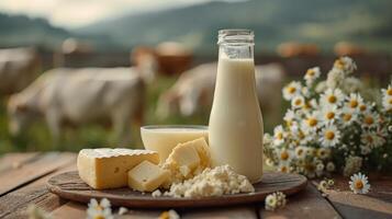 ai generado un botella de leche, un vaso de Leche y un plato de queso en el mesa en frente de el vaca campo. foto