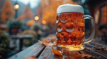 ai generado cerveza en un grande vaso en un de madera mesa. Oktoberfest festival. foto