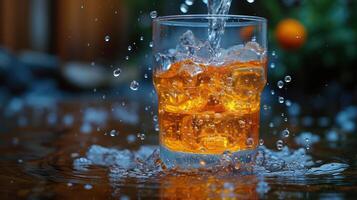 ai generado vaso de whisky con hielo con salpicaduras foto