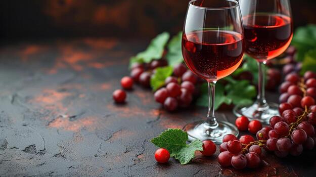 AI generated Red wine on the background, fresh ripe grapes photo