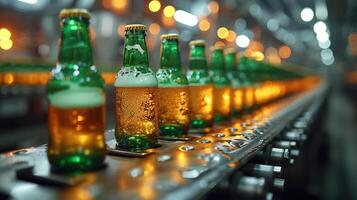 AI generated Green beer bottle, beer juice on production line, factory background photo