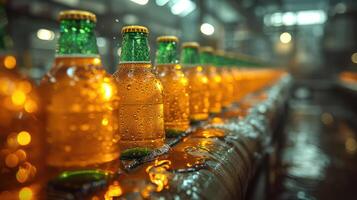 ai generado verde cerveza botella, cerveza jugo en producción línea, fábrica antecedentes foto