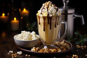 AI generated Sweet milkshake with caramel syrup, cream liqueur, caramel popcorn and chocolate powder on a brown background with a vintage coffee grinder. photo