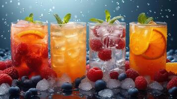 AI generated Various fruit drinks in crushed ice photo