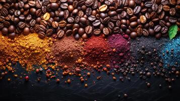 AI generated Coffee beans and black background,copy spec photo