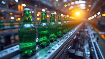 ai generado verde cerveza botellas en producción línea, fábrica antecedentes. foto