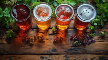 AI generated Several glasses of beer on a wooden floor Text area photo
