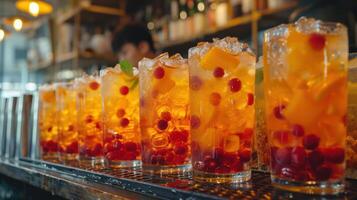 AI generated Asian man working in bar preparing colorful cocktail shots in bar photo