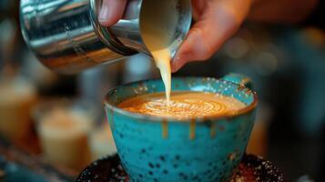 AI generated Vintage tone of someone pouring milk to make latte art coffee at a coffee shop photo