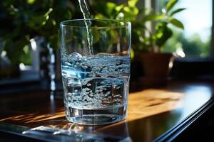 AI generated Fill the glass with water from a water bottle. photo