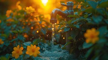 ai generado jardín grifo aumenta agua precios, ayuda el mundo, ahorra agua. foto