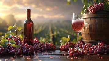 AI generated Bottles and wine glasses with grapes and barrels in countryside scene. Copy image. photo