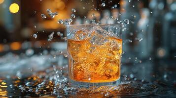 ai generado vaso de whisky con hielo con salpicaduras foto