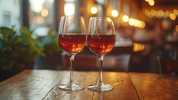 ai generado dos vaso de rojo vino en celebracion a restaurante, Copiar espacio foto