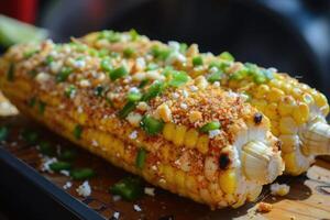 ai generado elotes, A la parrilla mexicano calle maíz en el mazorca con cotija queso, chile polvo, mayonesa foto