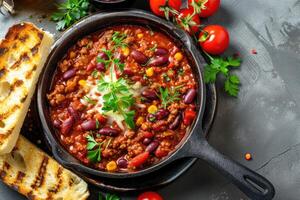 AI generated Mexican hot chili con carne, beans, minced meat and vegetables stew in tomato sauce photo