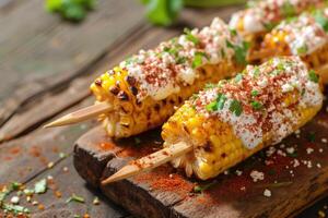 AI generated Elotes, Grilled Mexican Street Corn on the cob with cotija cheese, chili powder, mayonnaise photo